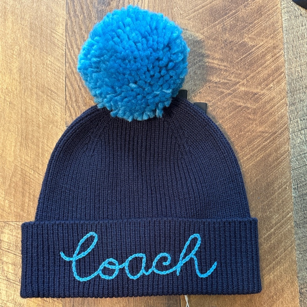 Coach Blue Script Logo Pom Pom Beanie